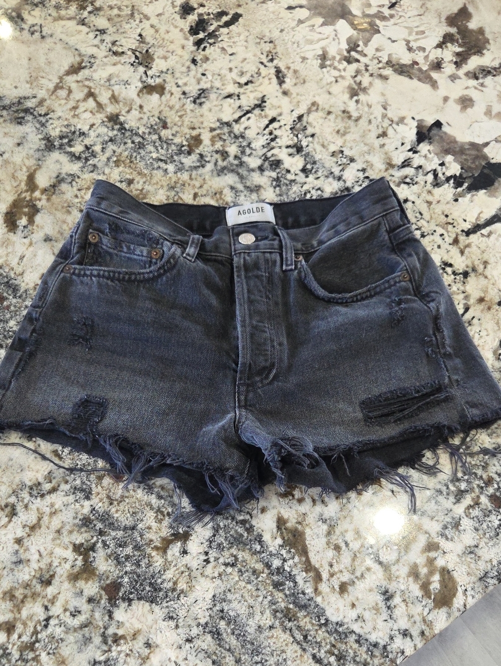 Agolde Black Faded Distressed Denim Shorts